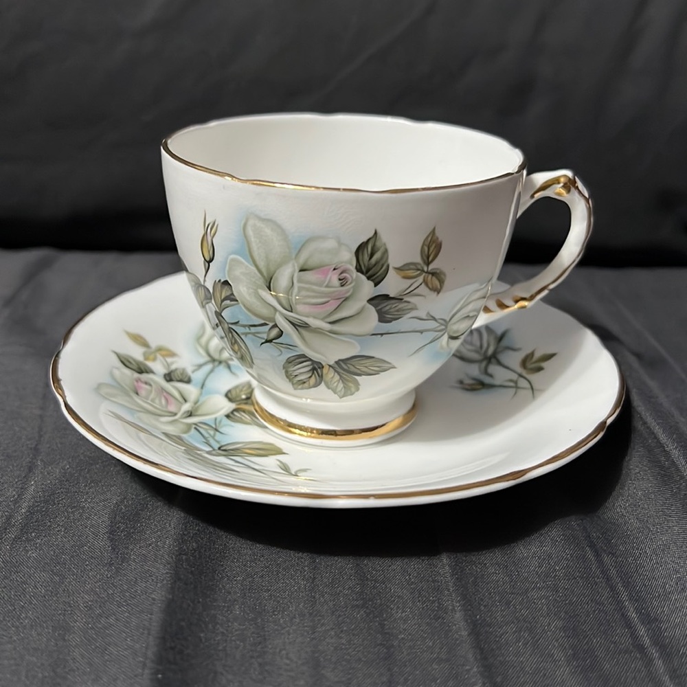 Vintage White Rose Teacup w/Saucer. Delphine. Made in England bone china